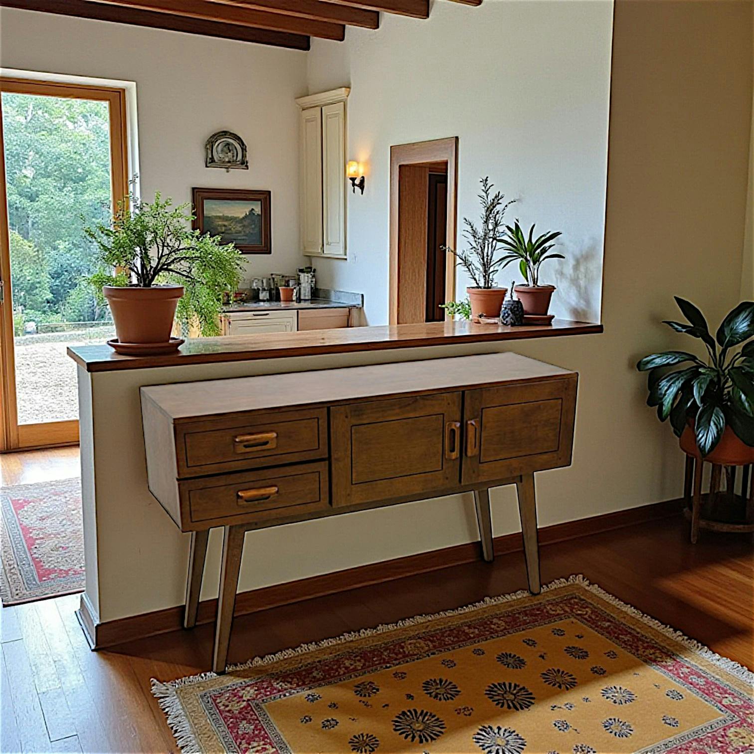 Console vintage bois hévéa 2 portes 2 tiroirs 130cm SIXTIES