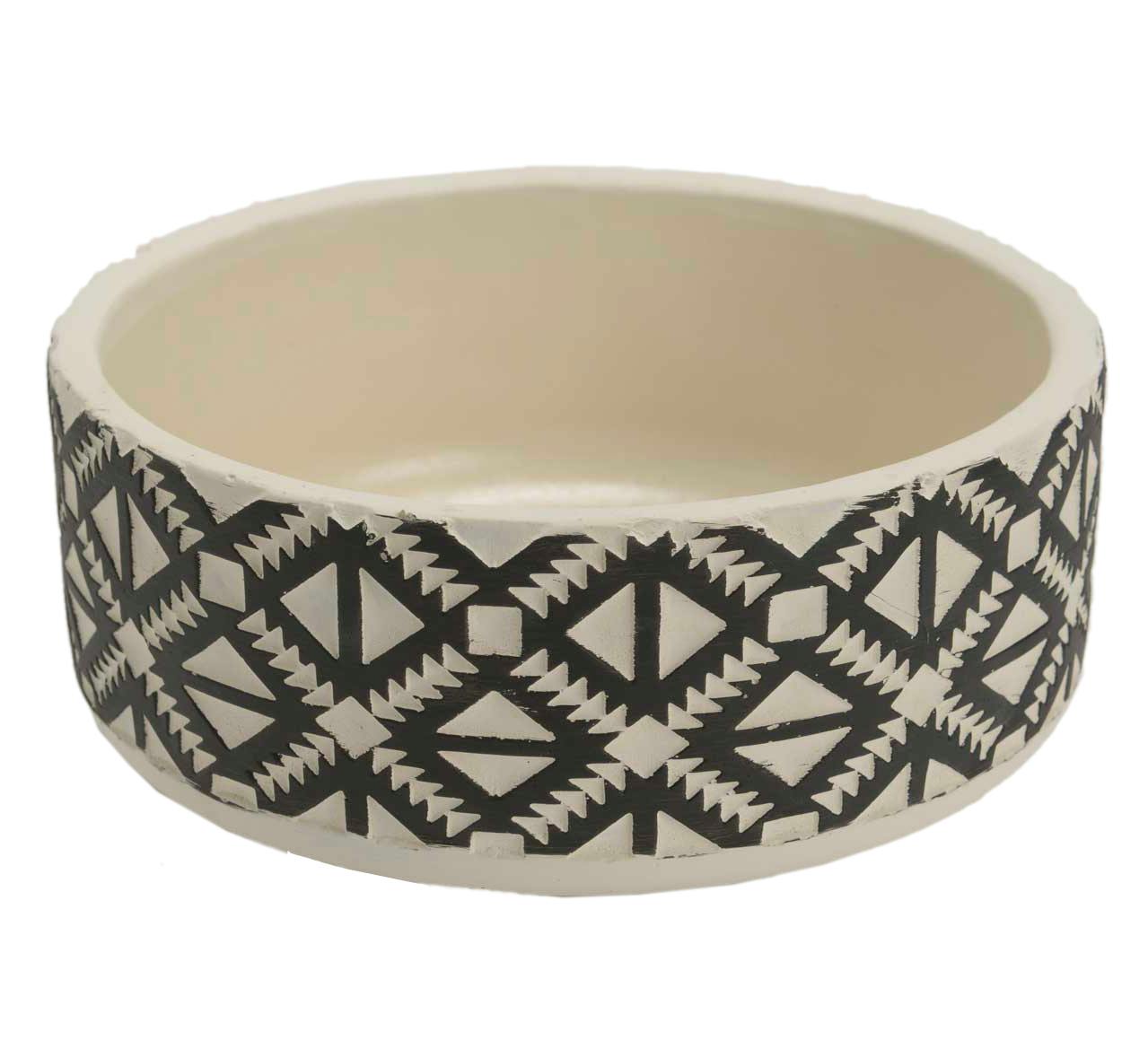 Coupe ronde ciment écru et noir avec motifs ethniques D20 H9cm