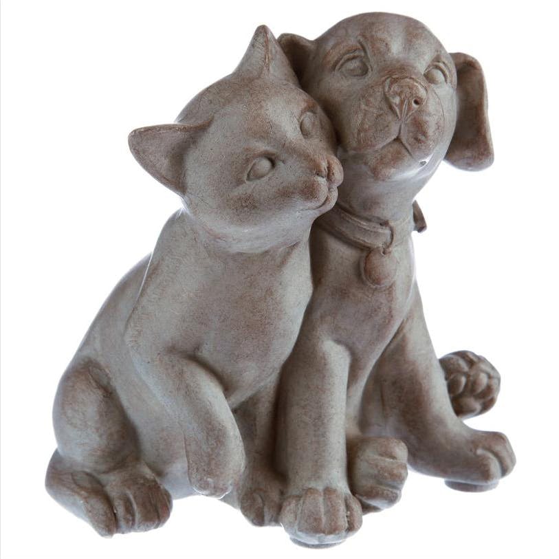 Couple de chien et chat en résine grise effet vieilli 9x9x7cm