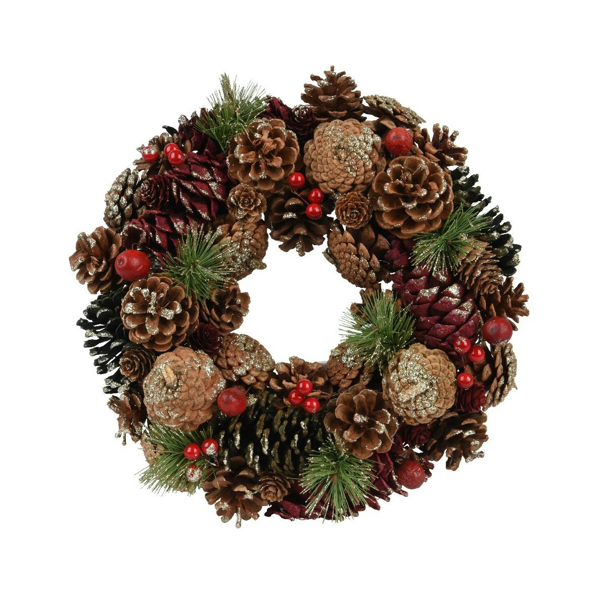 Couronne de pommes de pin et baies rouges D33 cm
