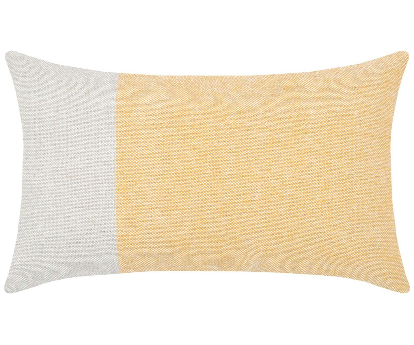 Coussin 30x50 bicolore moutarde à pompons