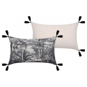 Coussin 30x50 paysage exotique noir et blanc avec pompons