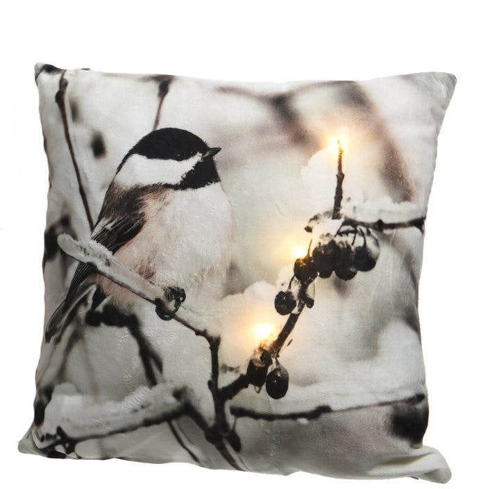 Coussin à LED décor Mésange sur branche 45x45cm