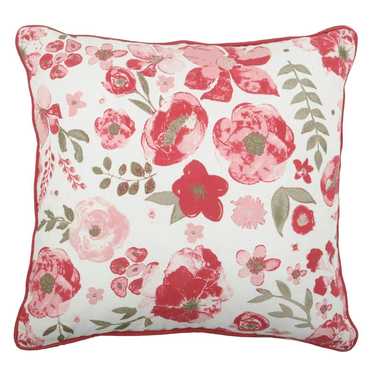 Coussin à passepoil décoration florale rouge framboise 40x40