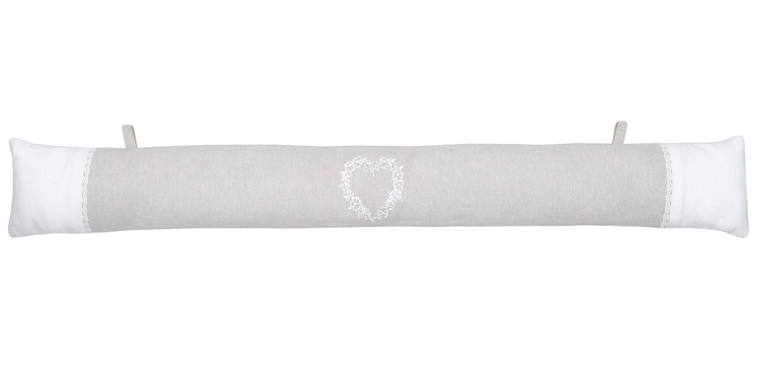 Coussin bas de porte beige et blanc  motif cœur 90 cm