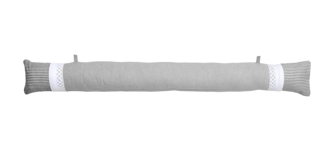 Coussin bas de porte charme couleur gris rayé blanc et dentelle 90x10cm 100% coton ANGELE GRIS