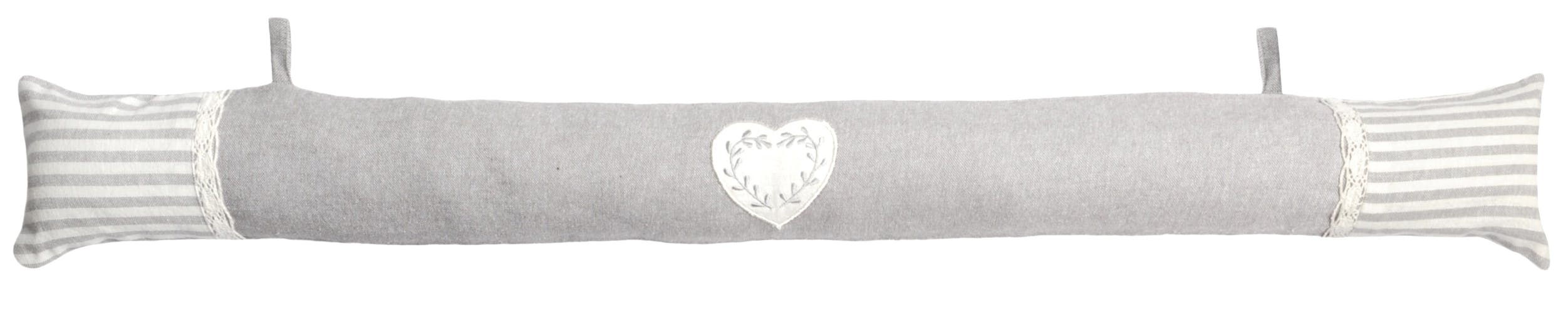 Coussin bas de porte romantique écru et gris décor coeur brodé 90x10cm 100% coton CHINON