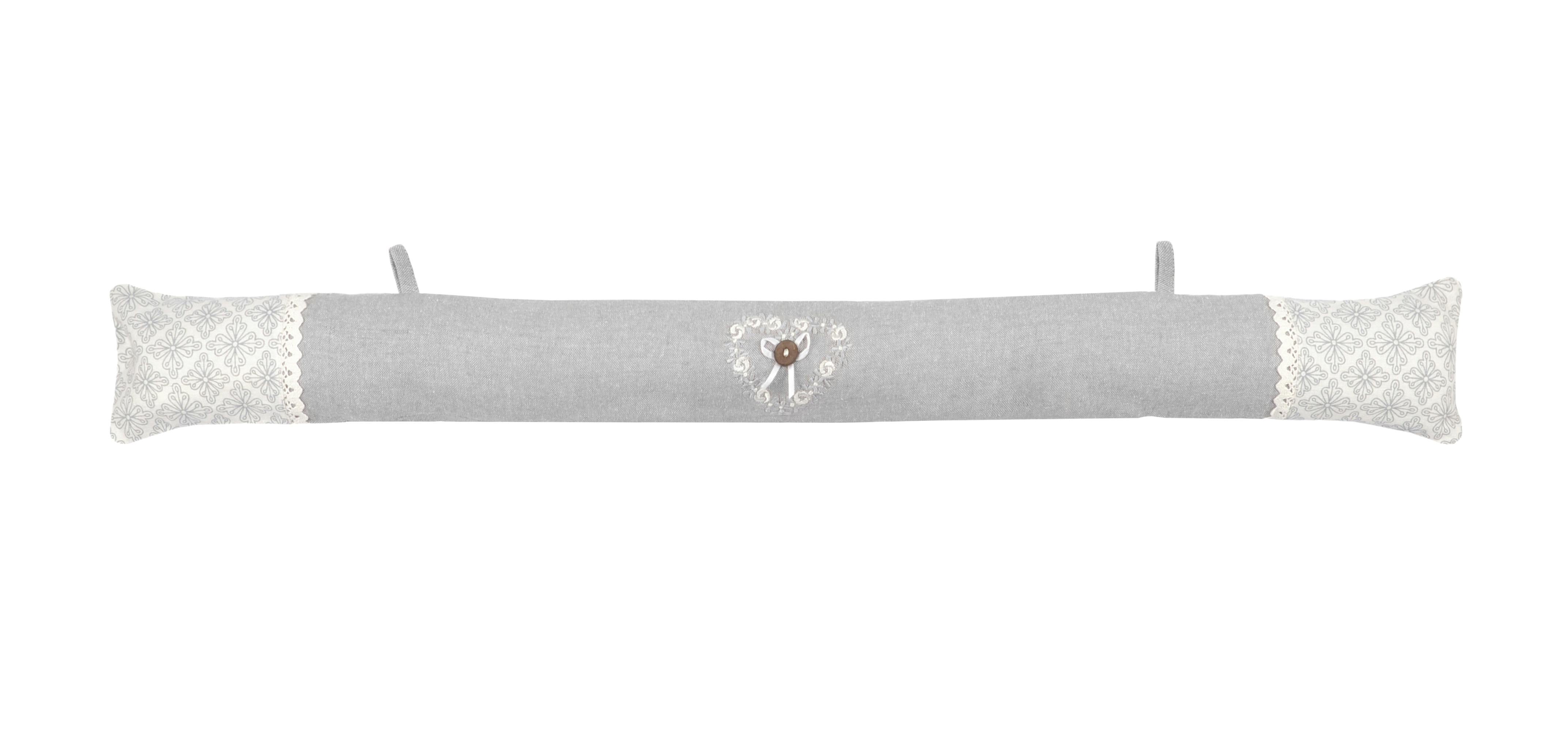 Coussin bas de porte Romantique gris décor floral arabesque et coeur brodé avec bouton et dentelle 90x10cm 100% coton MANOIR