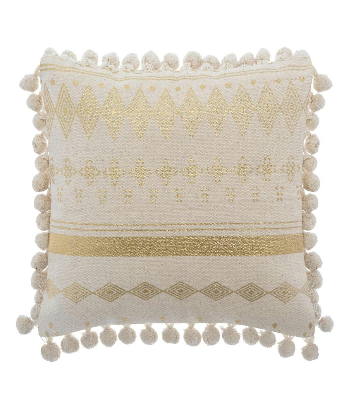 Coussin beige imprimé doré et gros pompons