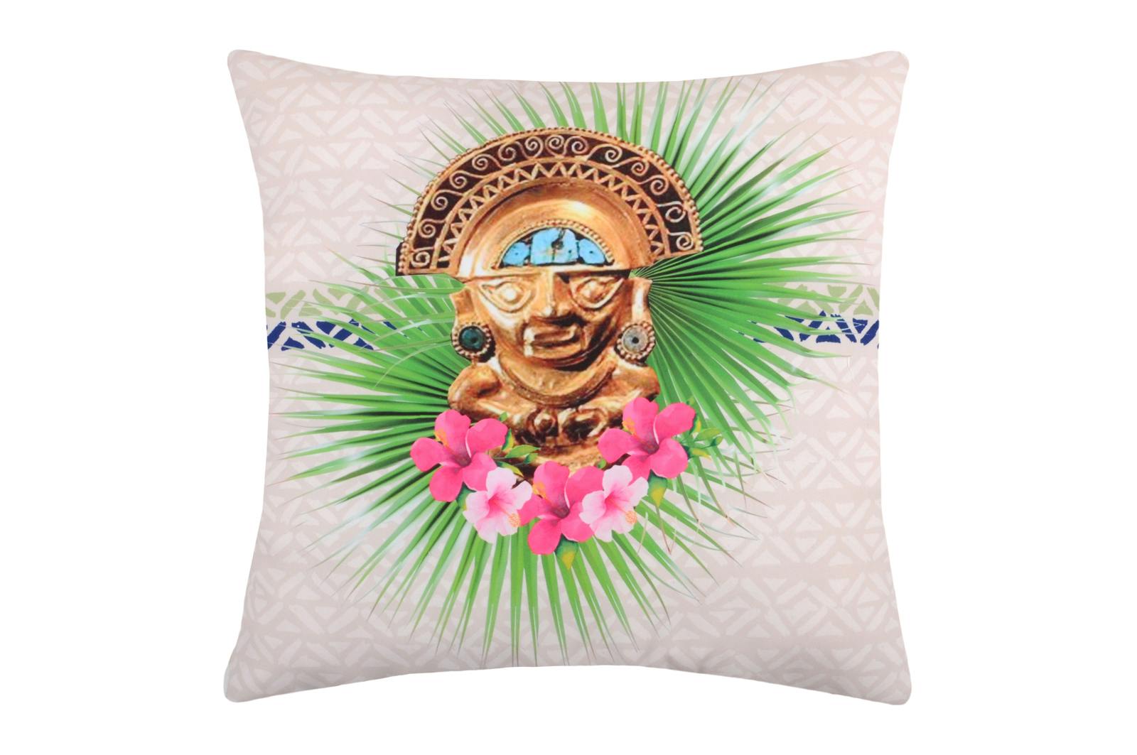 Coussin beige imprimé statuette et fleurs roses 40x40cm MAYA