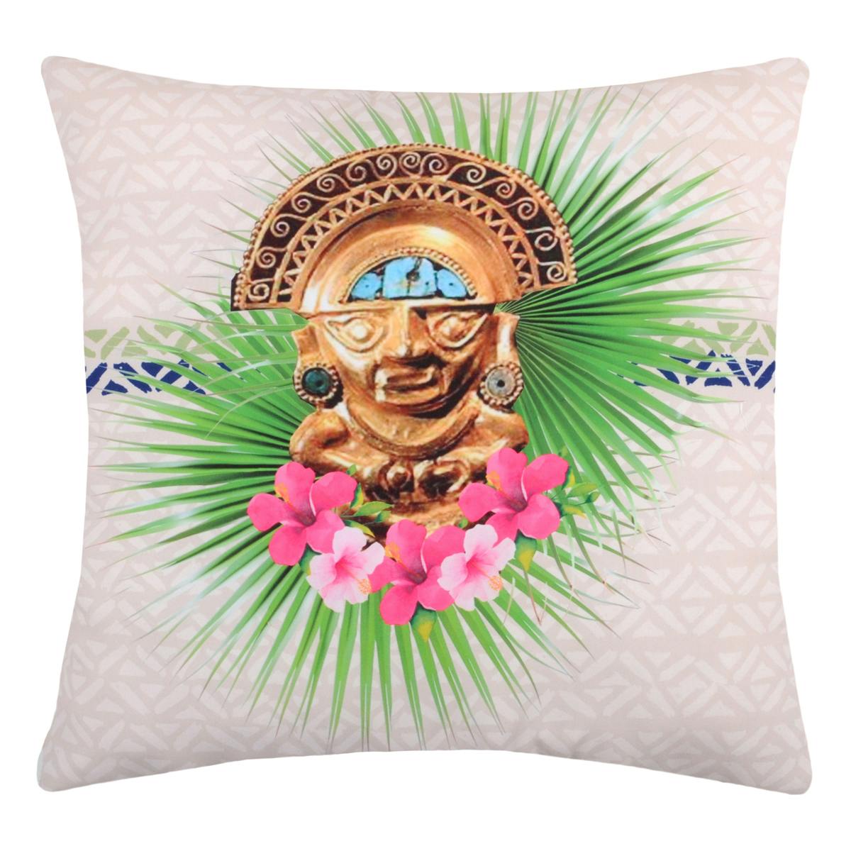 Coussin beige imprimé statuette et fleurs roses 40x40cm MAYA