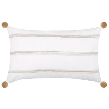 Coussin blanc à rayures beiges et pompons 30x50cm CHRISTIE