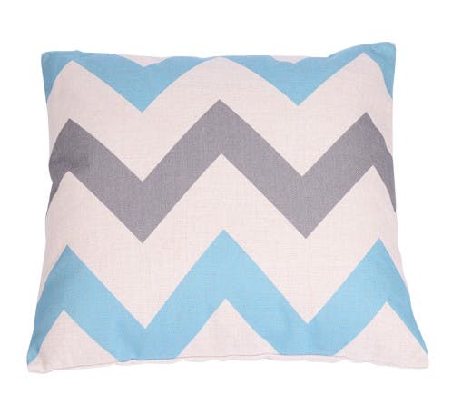 Coussin blanc à rayures en zig zag bleu et gris 45x45cm