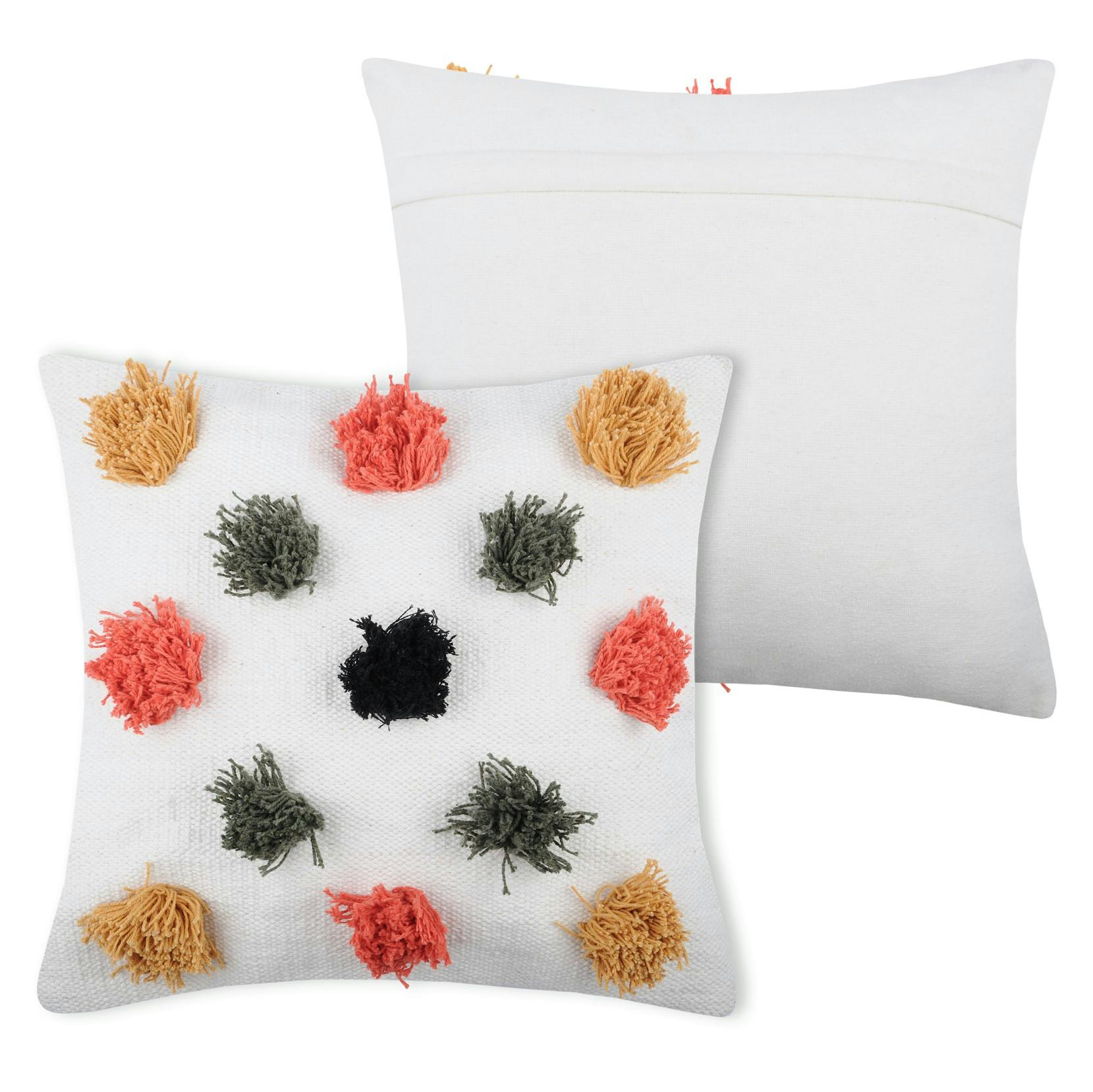 Coussin blanc à ronds pompons 40x40cm MEXICO