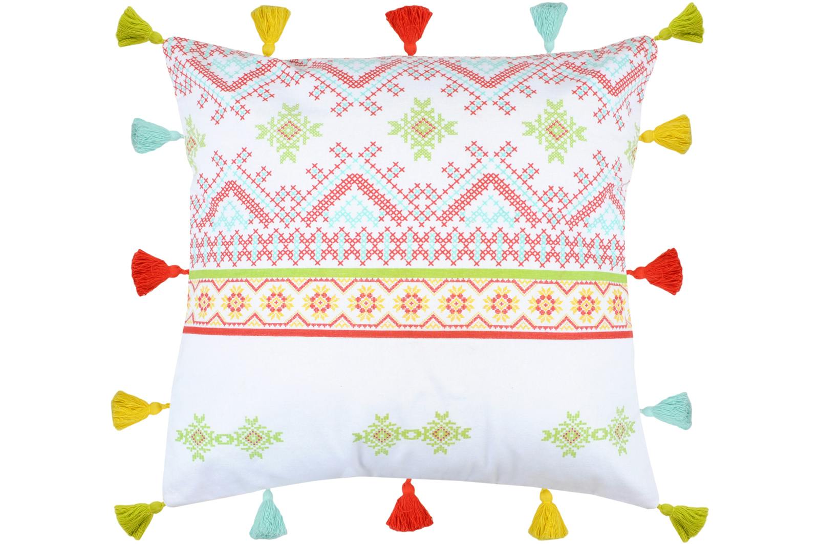 Coussin blanc imprimé façon broderie colorée et pompons multicolores 40x40cm CASMA