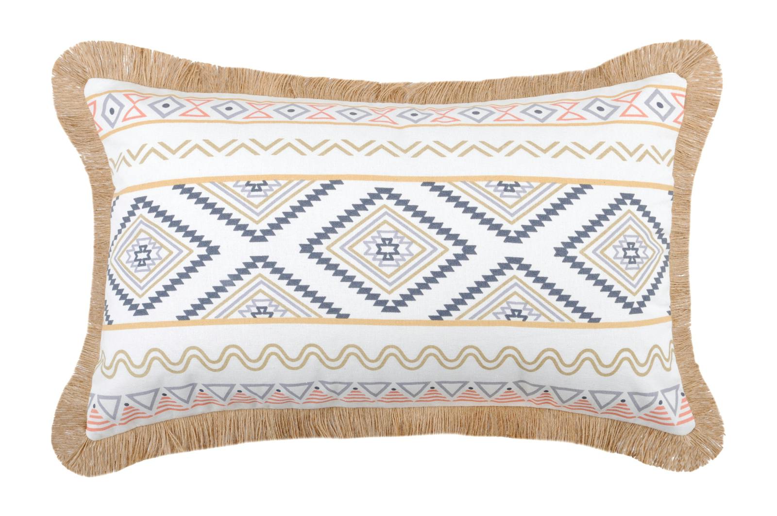 Coussin blanc imprimé géométrique et frange beige 30x50cm en coton ORYLIA
