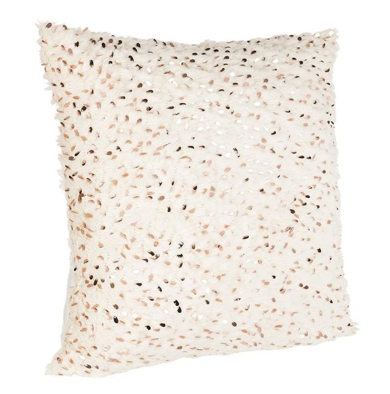 Coussin blanc touché doux gouttes en sequins dorés, marrons 40x40cm