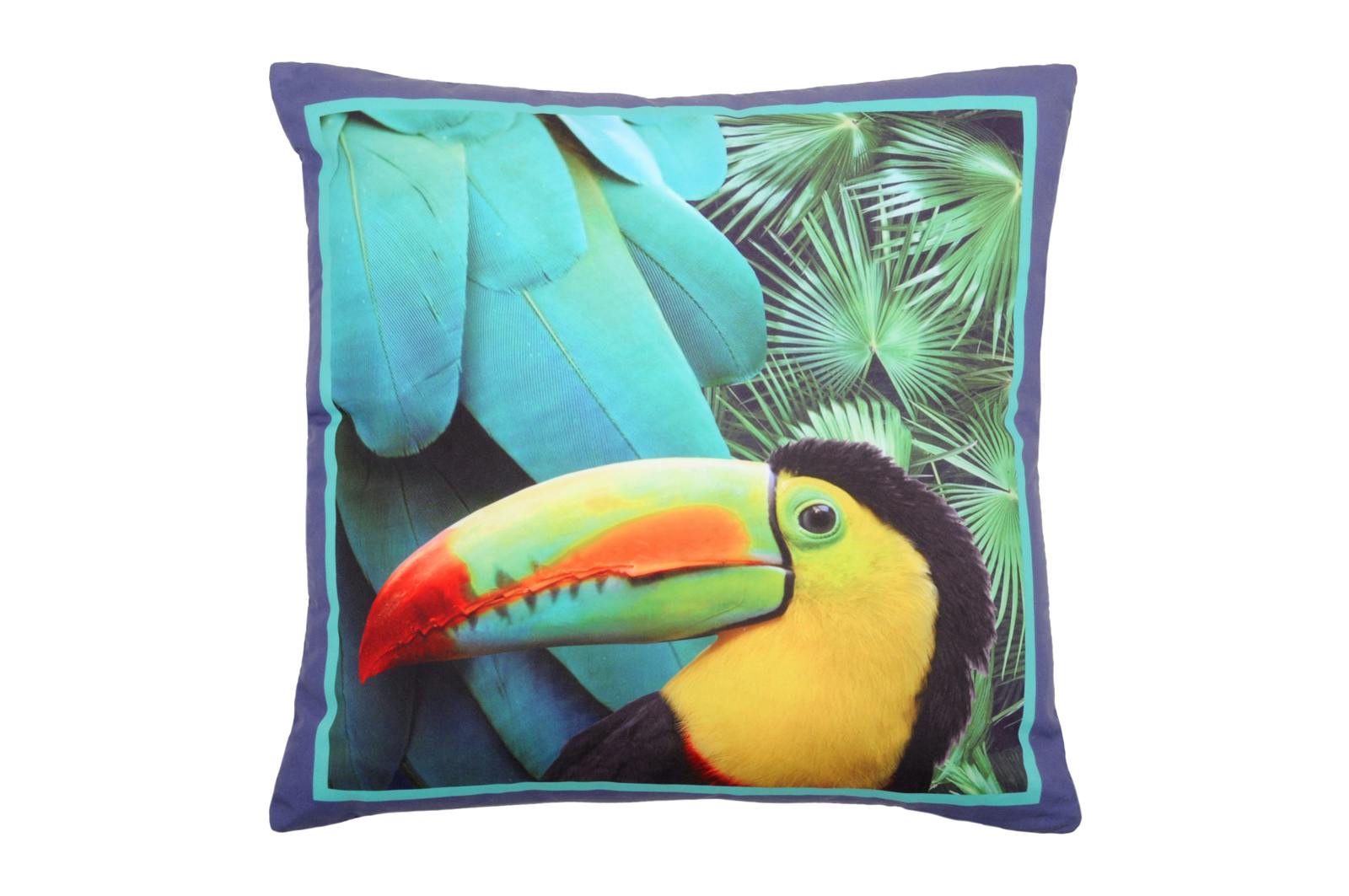 Coussin bleu imprimé toucan et plumes tons verts 40x40cm CYNARA