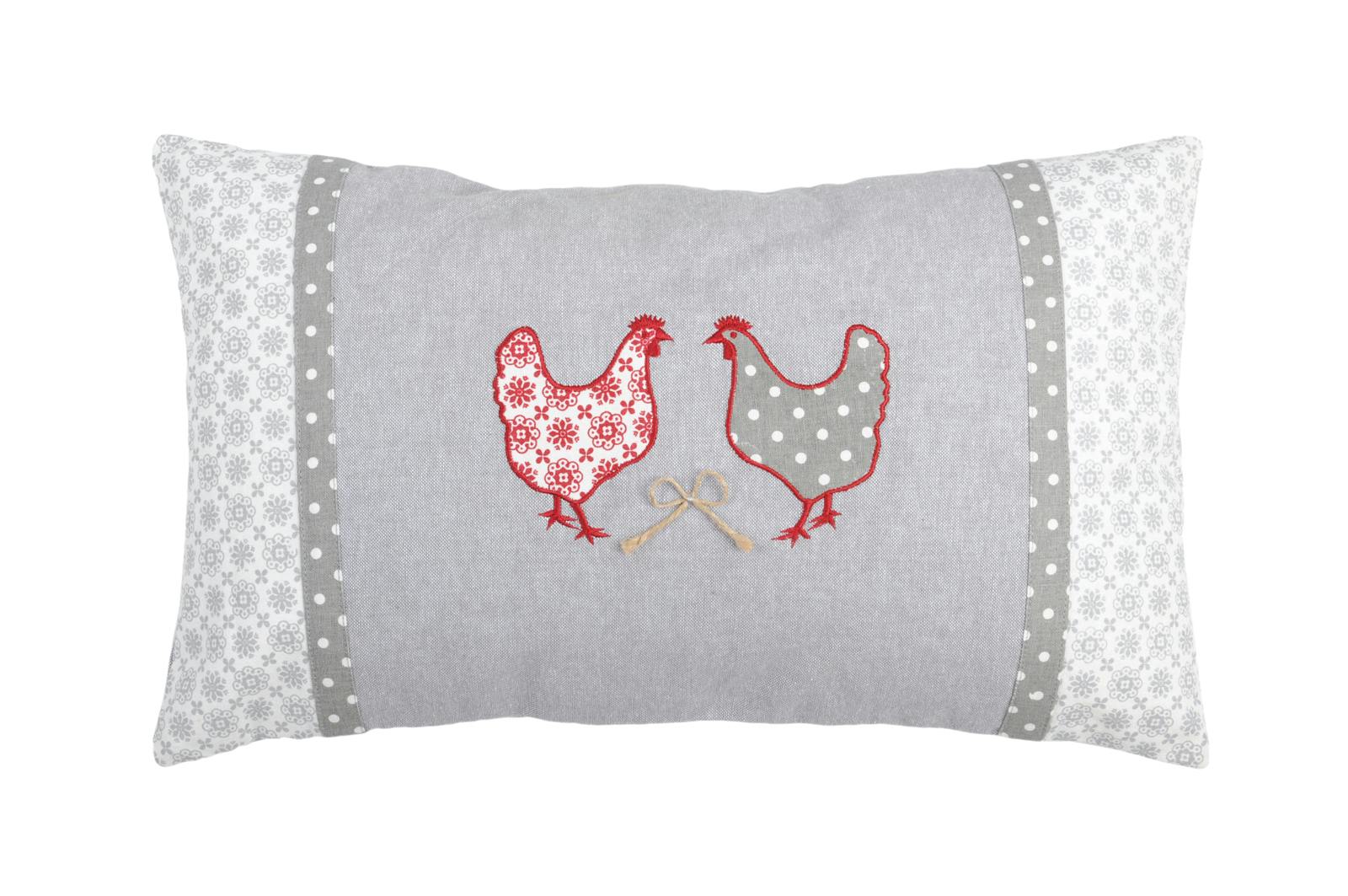 Coussin campagne romantique gris décor poules rouges brodées et bandes vichy 30x50cm 100% coton PADOU