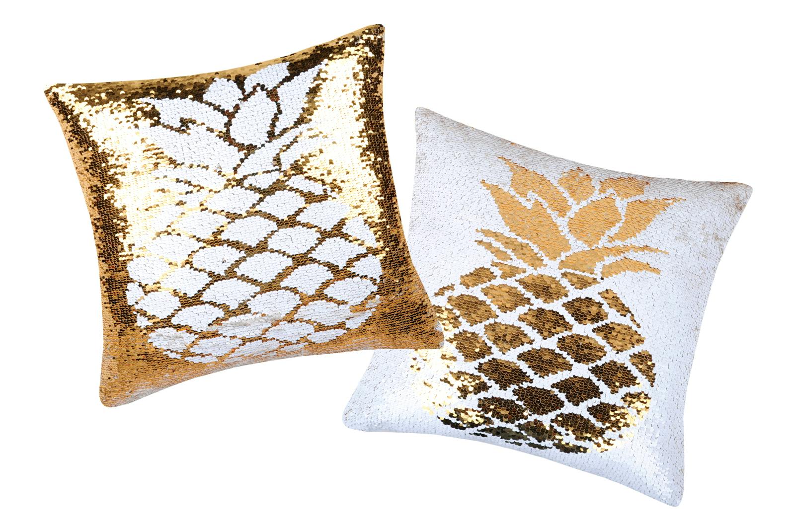 Coussin carré à sequins dorés et blancs motif ananas 40x40cm NAPY