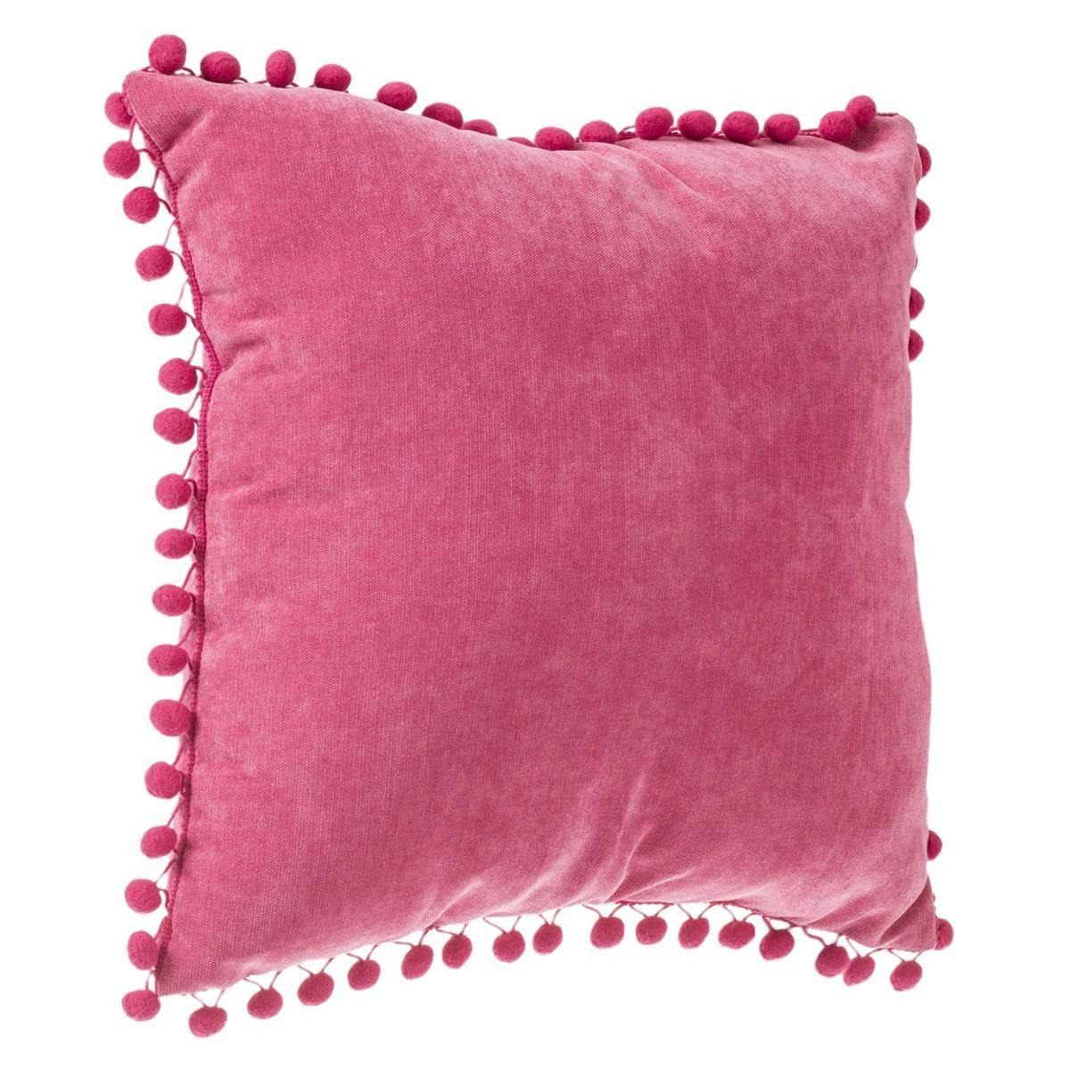 Coussin carré bords pompons couleur framboise 40X40cm