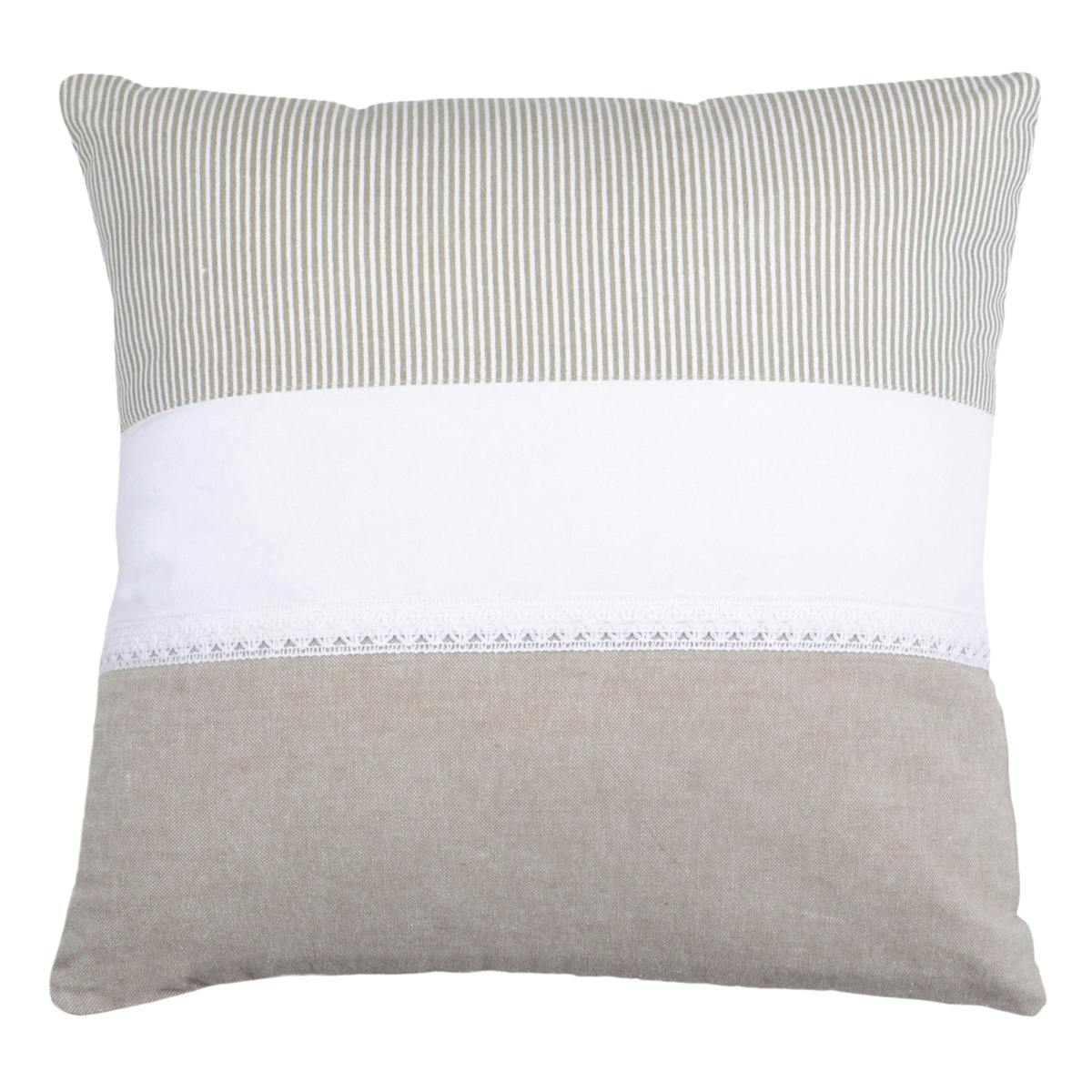 Coussin carré charme couleur lin rayé et blanc avec dentelle 40x40cm 100% coton ANGELE LIN