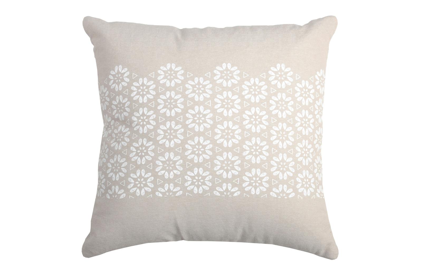 Coussin carré charme motif fleurs géométriques couleur lin et blanc  40x40cm 100% coton JANE LIN