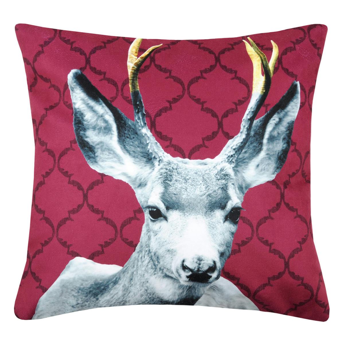 Coussin carré en velours imprimé cerf prune 40x40cm MONARQUE