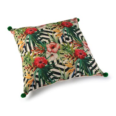 Coussin carré épais à pompons en tissu coloré motif fleurs et feuilles 45x15x45cm