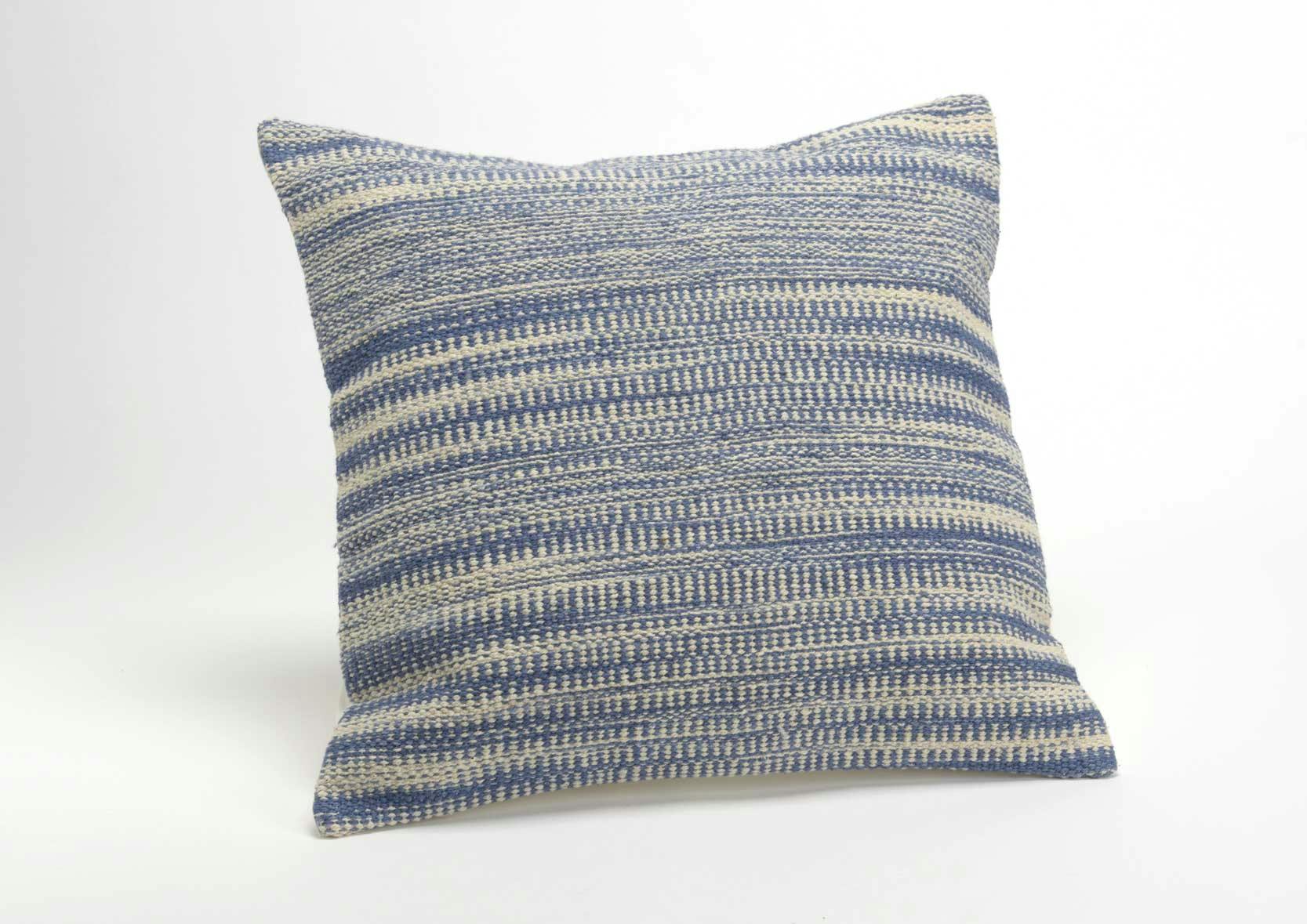 Coussin carré housse 100% coton bayadères bleues effet toile de jute 40x40cm