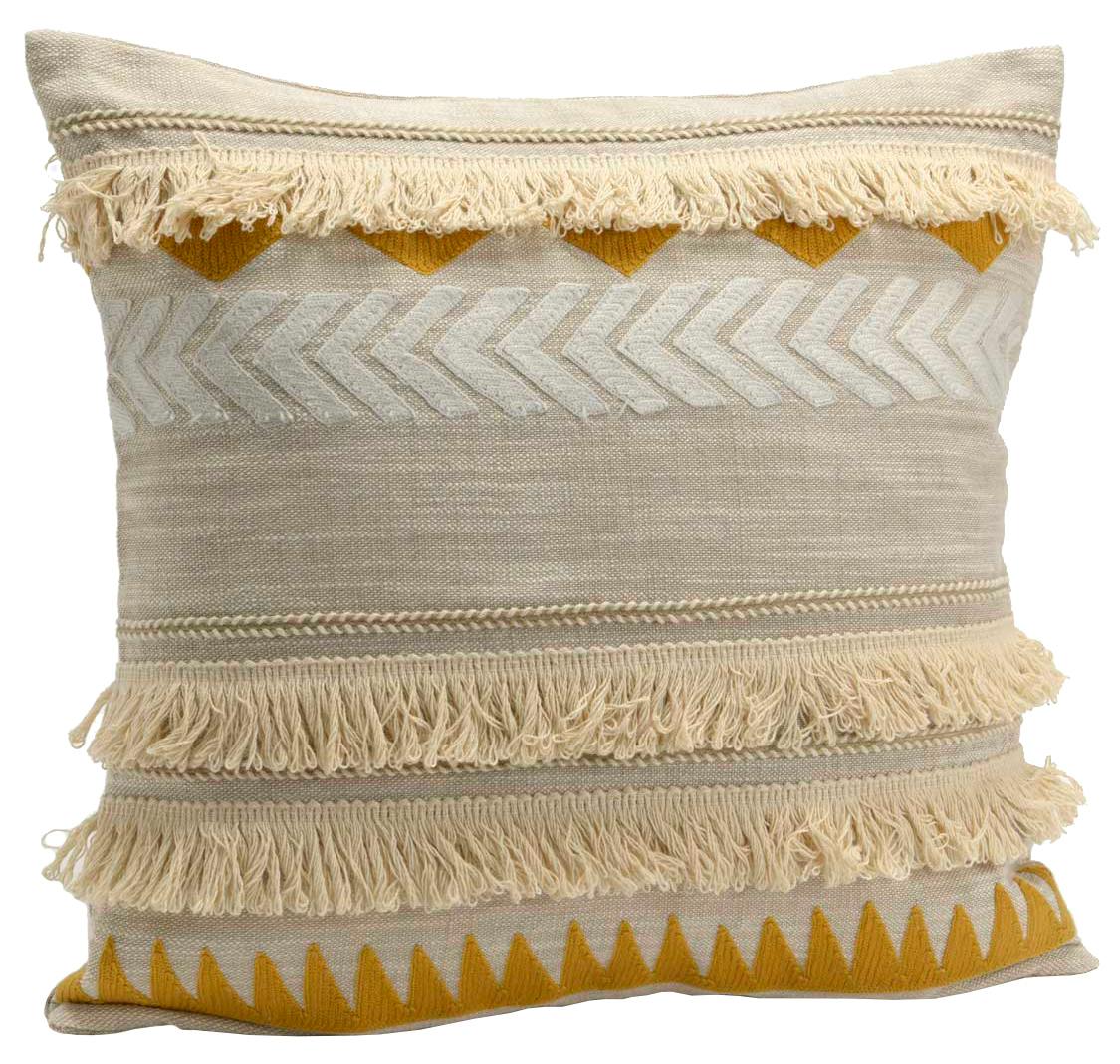 Coussin carré housse 100% coton beige et moutarde avec liserés franges 40x40cm