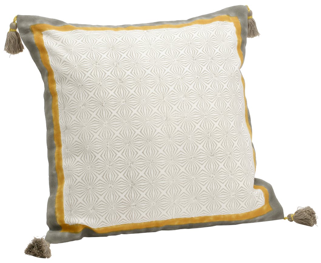 Coussin carré housse 100% coton écru, gris et jaune avec motifs et pompons 40x40cm