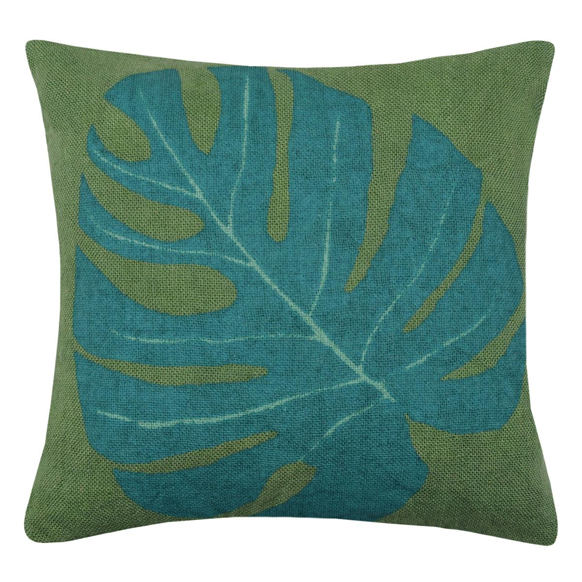 Coussin carré imprimé feuille tropical en jute vert 40x40cm