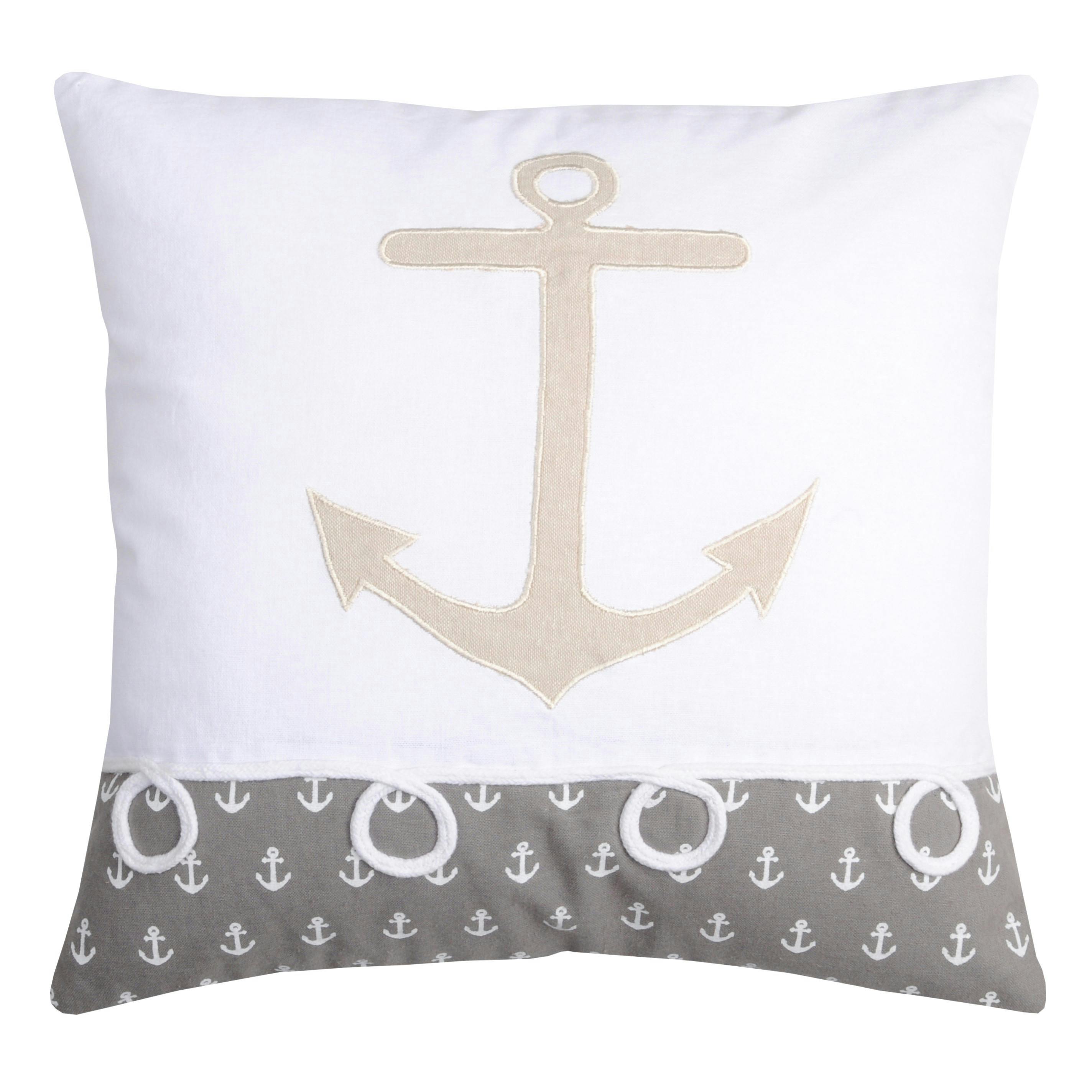 Coussin carré motifs ancre de bateau blanc gris beige avec broderie et 4 noeuds 40x40cm 100% coton EMBRUN
