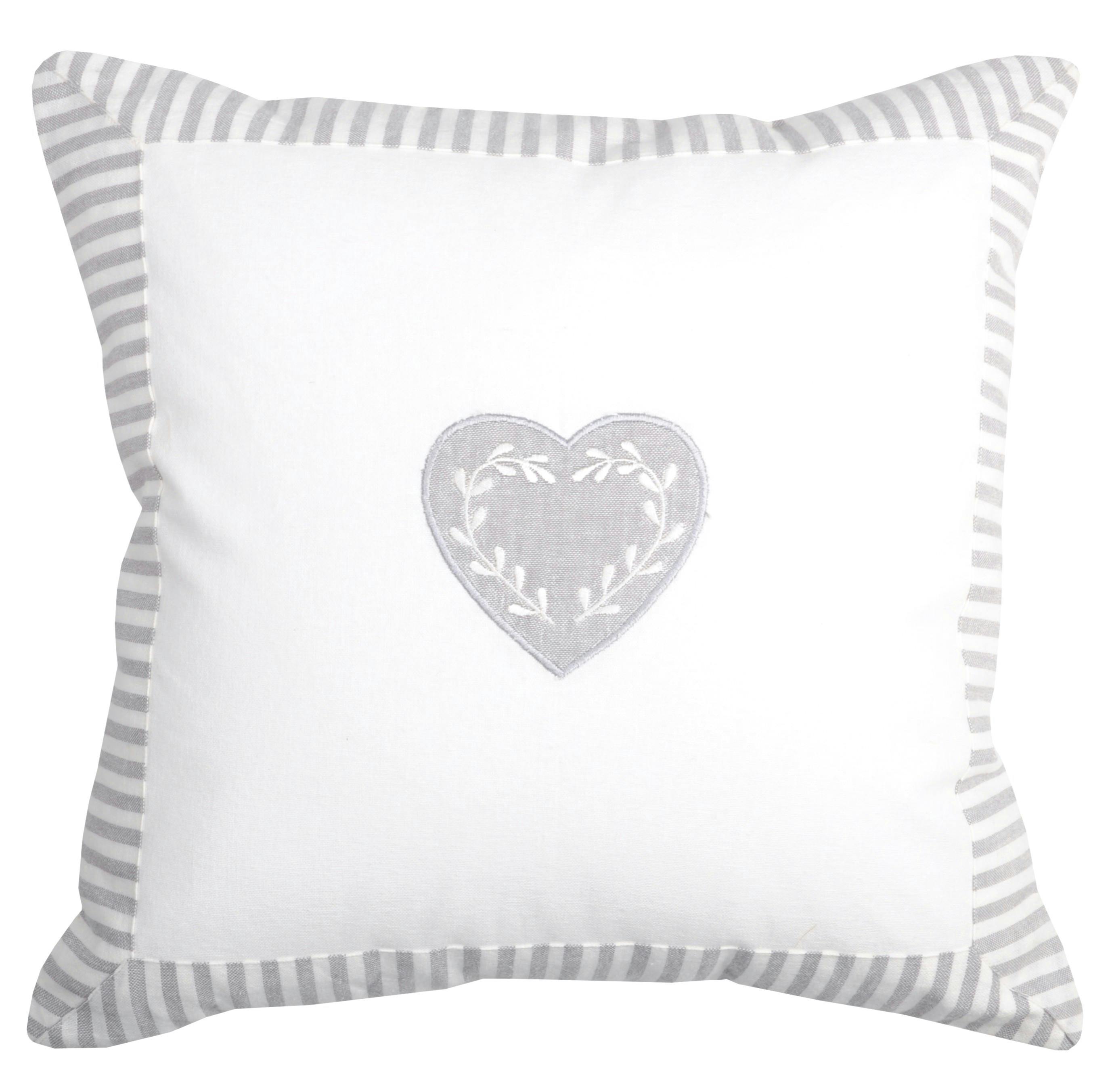 Coussin carré romantique écru et gris décor coeur brodé 40x40cm 100% coton CHINON