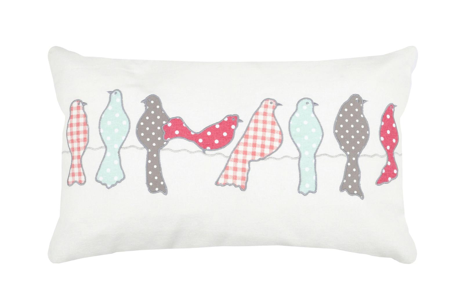 Coussin Charme écru décor oiseaux brodés multicolor 30x50cm 100% coton BAILEY