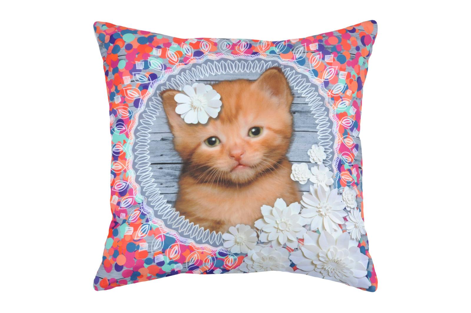 Coussin Chat Roux avec Fleur blanche décor multicolore 40x40cm MINOU