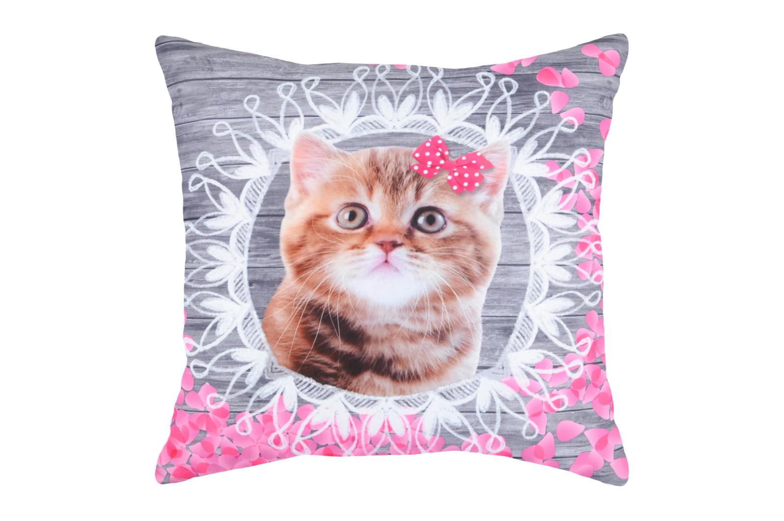 Coussin Chat Tigré avec noeud rose décor rose et gris 40x40cm MINOU