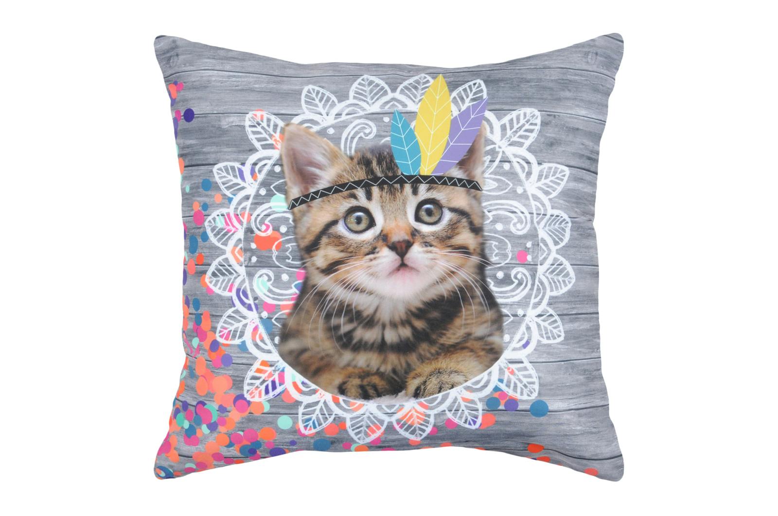 Coussin Chat tigré coiffé de Plumes décor gris multicolore 40x40cm MINOU