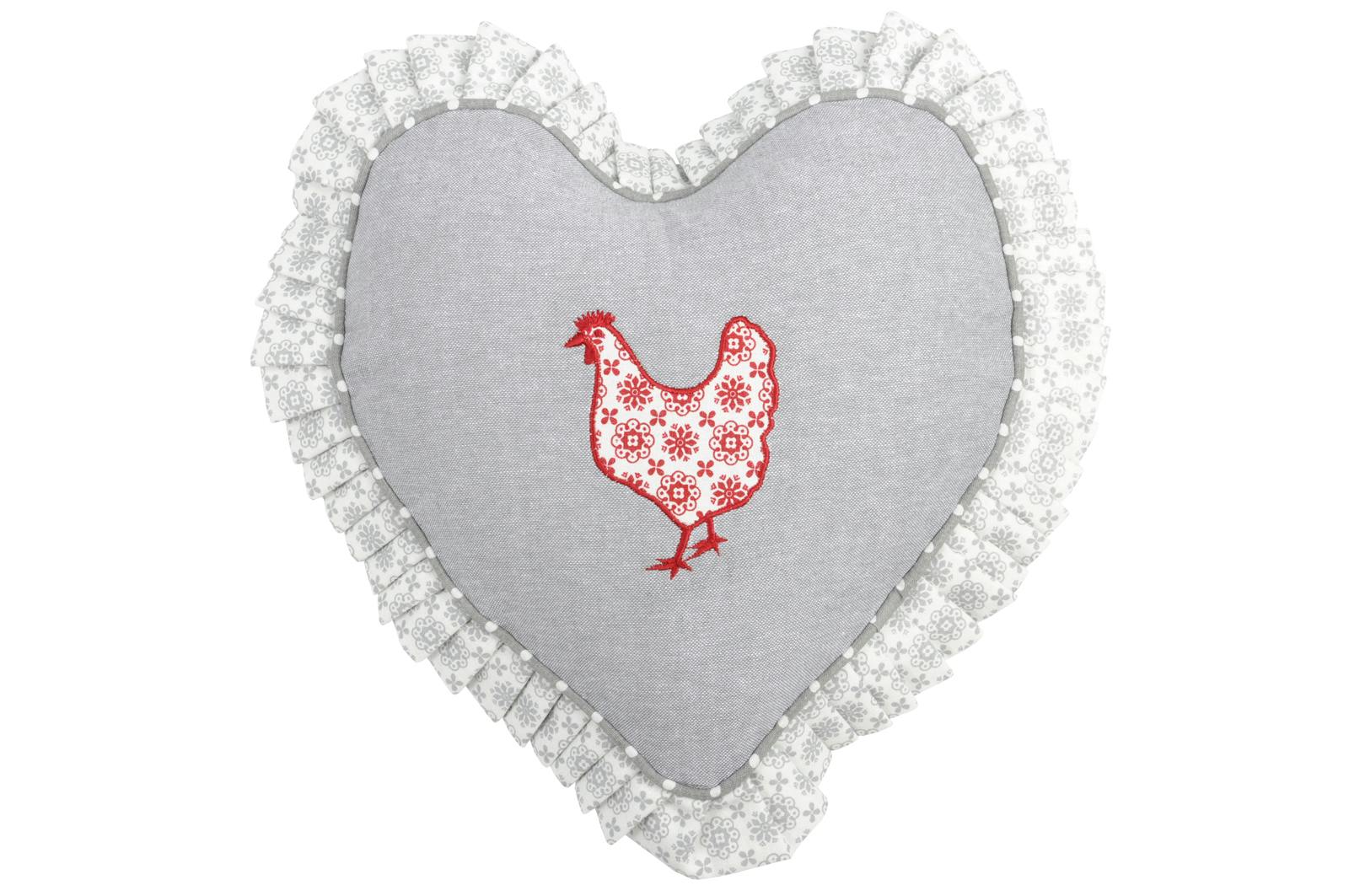 Coussin coeur campagne romantique gris décor poule rouge brodée 30cm 100% coton PADOU