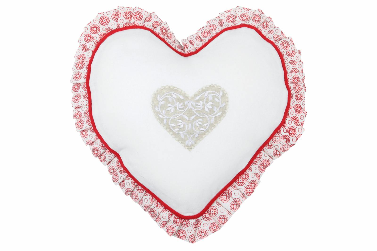 Coussin coeur romantique blanc brodé coeur beige et contour façon carreaux de ciment rouge 30cm DARLA ROUGE