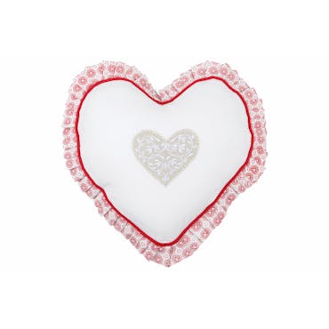  Coussin coeur romantique blanc brodé coeur beige et contour façon carreaux de ciment rouge 30cm DARLA ROUGE