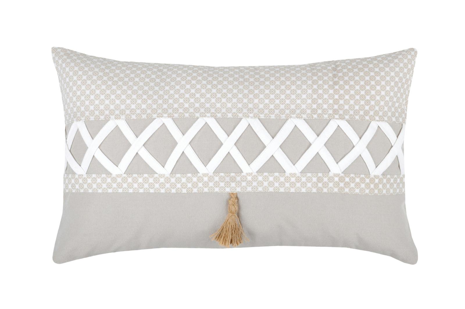 Coussin couleur lin et blanc à motifs rosace et bande croisillons blanc 30x50cm NELIA