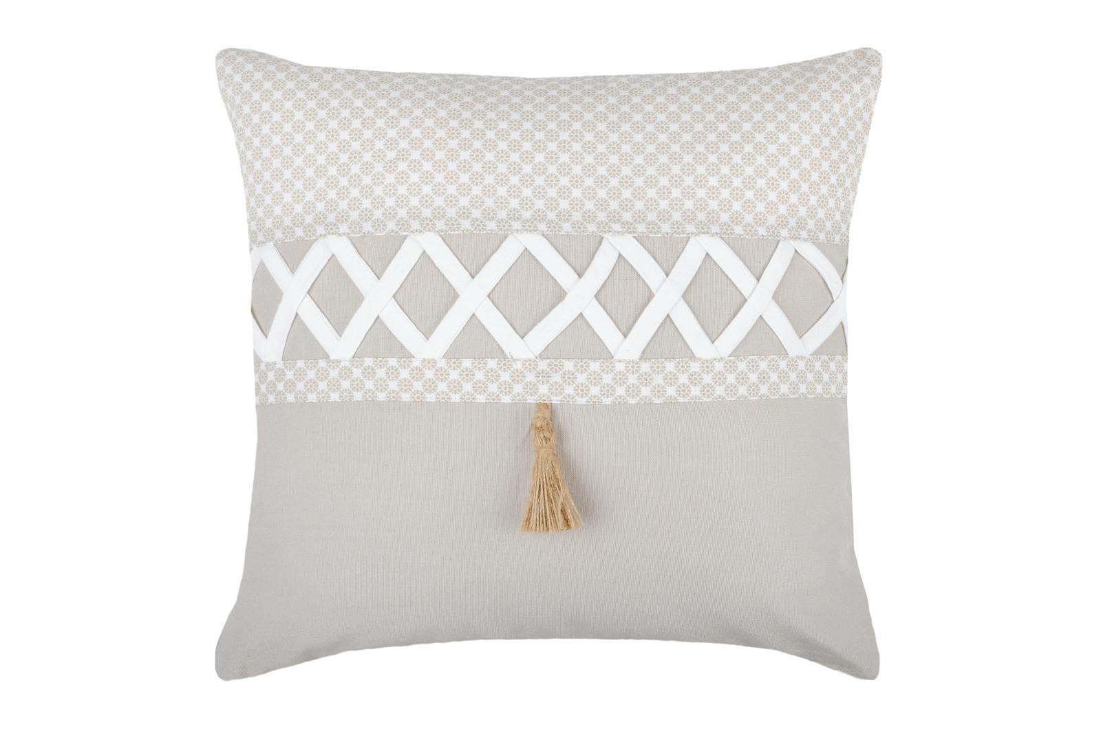 Coussin couleur lin et blanc à motifs rosace et bande croisillons blanc 40x40cm NELIA