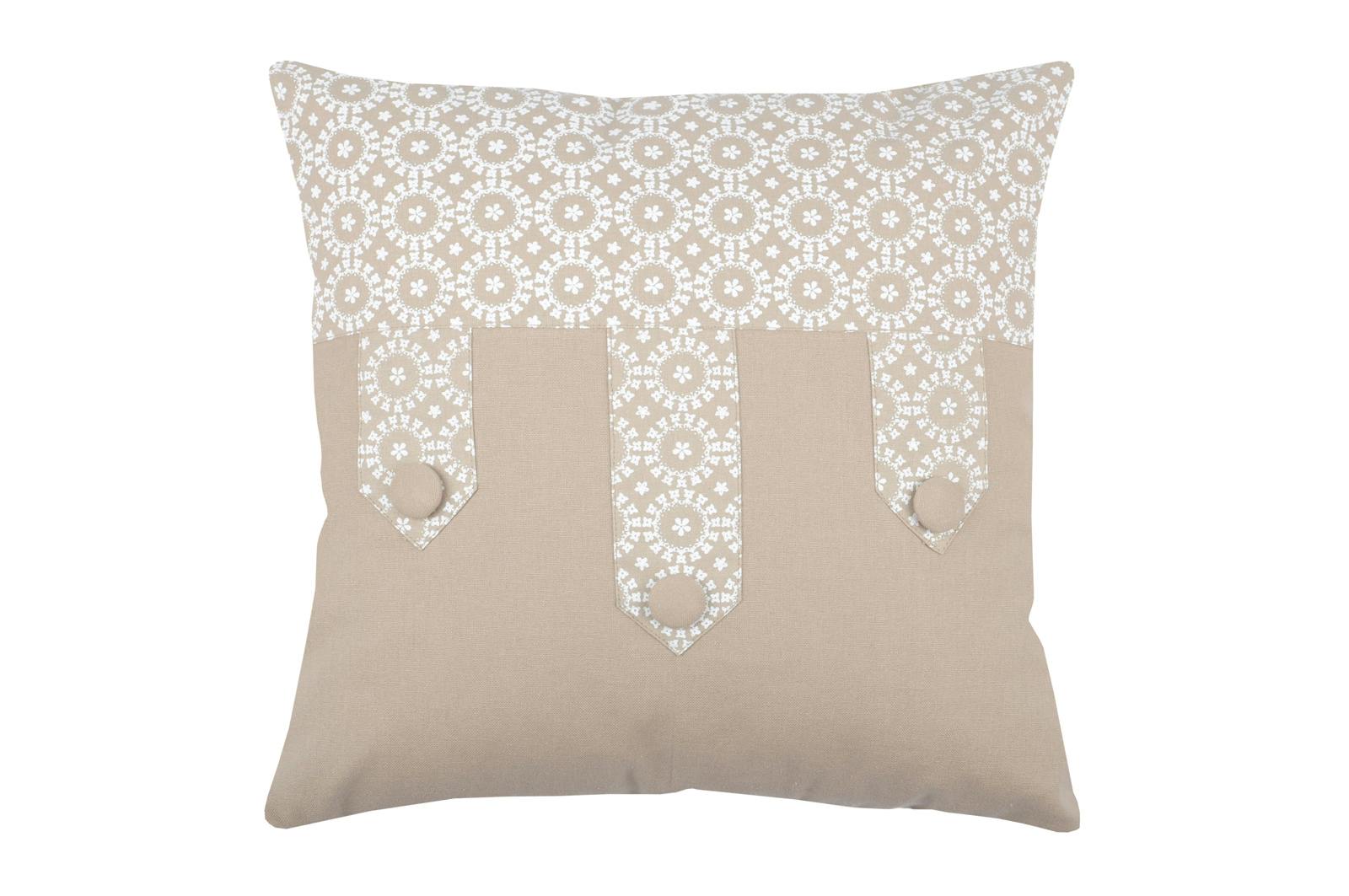 Coussin couleur lin et écrue et décor floral avec boutons 40x40cm 100% coton LOLITA LIN