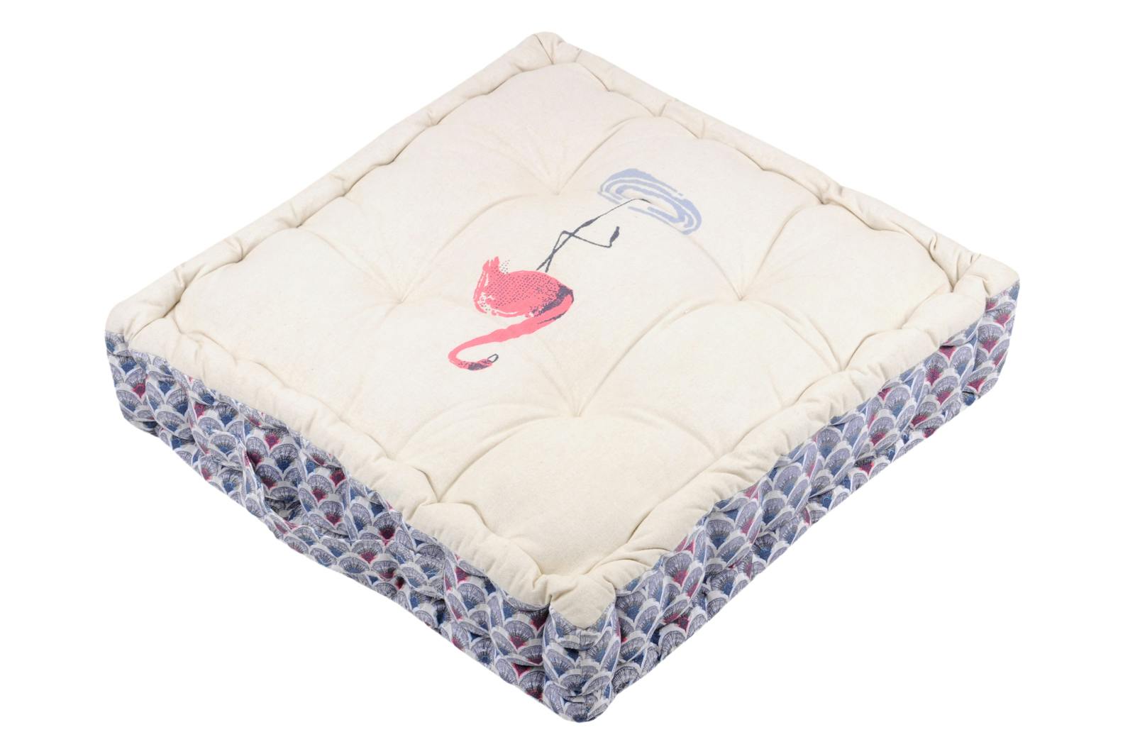 Coussin de sol écru imprimé Flamand Rose et contour motifs éventail bleu gris rouge 45x45x10cm RISEN