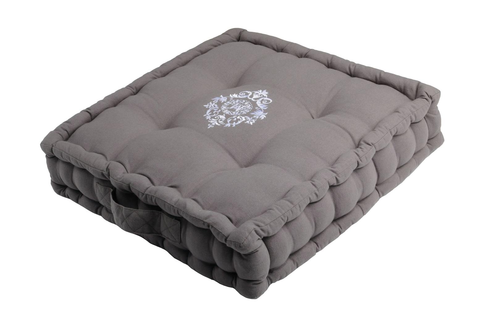 Coussin de sol gris décor romantique brodé 45x45x10cm 100% coton MELINE