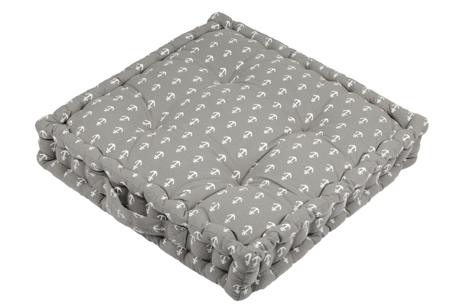 Coussin de sol motifs ancre de bateau gris et blanc 45x45x10cm 100% coton EMBRUN