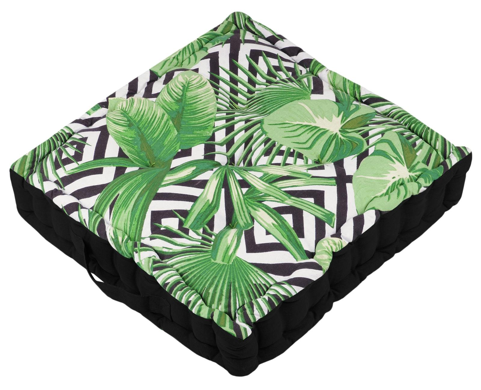 Coussin de sol noir et blanc décor feuillage vert 45x45x10cm ZAPOTEC