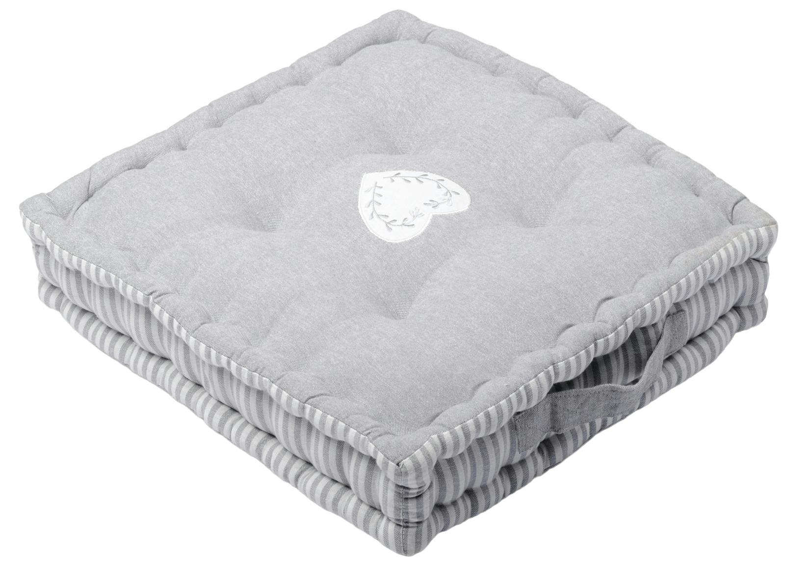 Coussin de sol romantique rayé écru et gris décor coeur brodé 45x45x10cm 100% coton CHINON